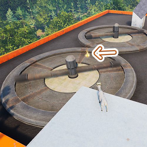 An orange arrow points the trophy that is on the huge fans that is located on a roof in Goat Simulator Remastered