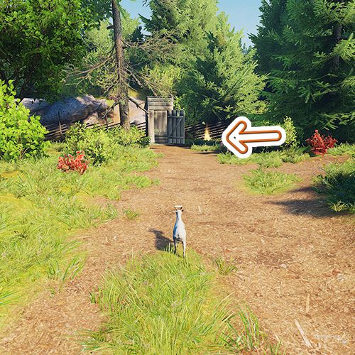 An orange arrow points the trophy that is next to a wooden toilet cabin in Goat Simulator Remastered