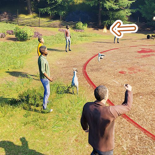 An orange arrow points the trophy that is among the crowd who watch animal fights in Goat Simulator Remastered