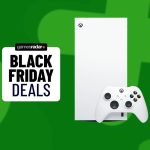 A Robot White Xbox Series X Digital Edition on a green background next to a Black Friday deals stamp.