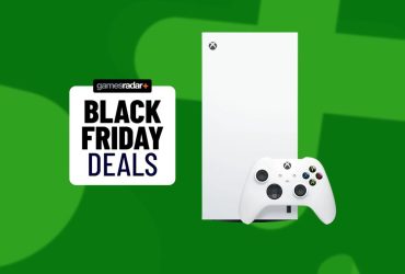 A Robot White Xbox Series X Digital Edition on a green background next to a Black Friday deals stamp.