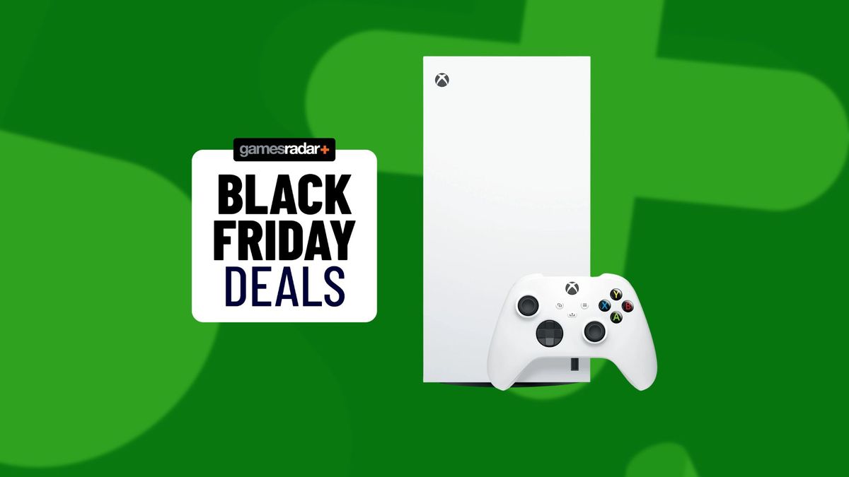 A Robot White Xbox Series X Digital Edition on a green background next to a Black Friday deals stamp.