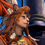 Final Fantasy 14 Dawntrail trailer screenshot showing Wuk Lamat, a Hrothgar woman with fiery long hair, aboard a ship at sea