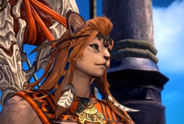 Final Fantasy 14 Dawntrail trailer screenshot showing Wuk Lamat, a Hrothgar woman with fiery long hair, aboard a ship at sea