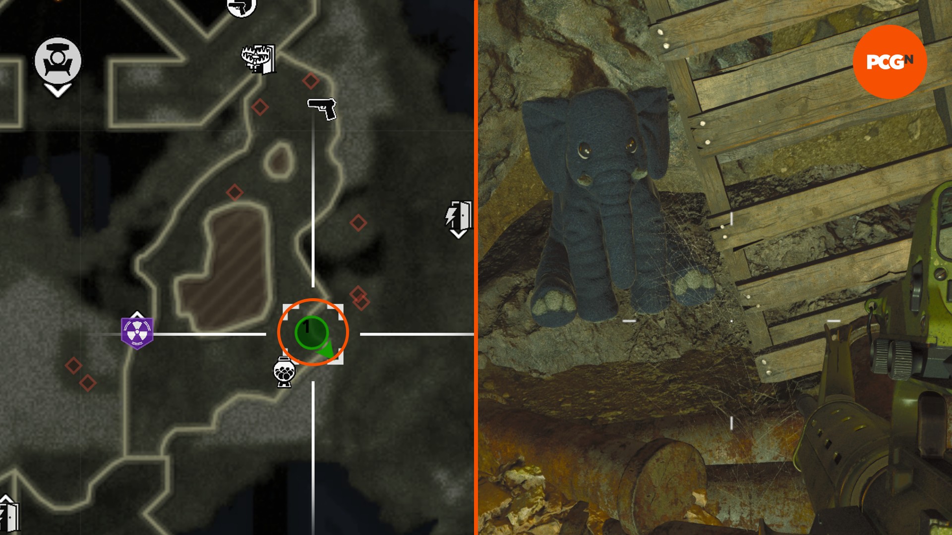 An elephant toy on the ground takes up one half of the image, a map is on the other, showing the location of one of the Black Ops 6 Zombies Terminus Mega-Stuffy toy locations.