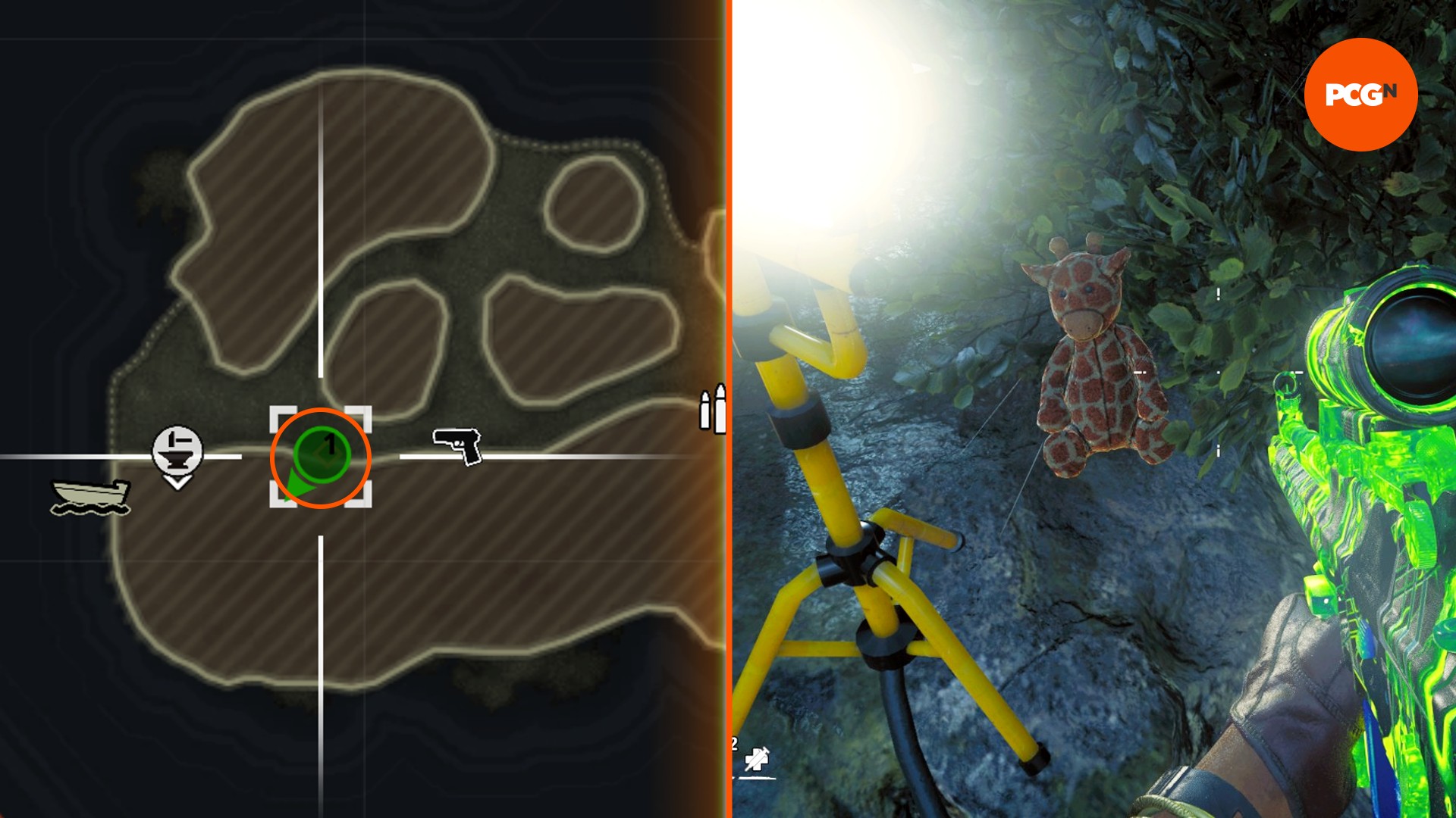 A giraffe stuffed toy under a light takes up one half of the image, a map is on the other, showing the location of one of the Black Ops 6 Zombies Terminus Mega-Stuffy toy locations.