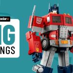 Lego Optimus Prime beside a 'big savings' badge, all against an aqua background