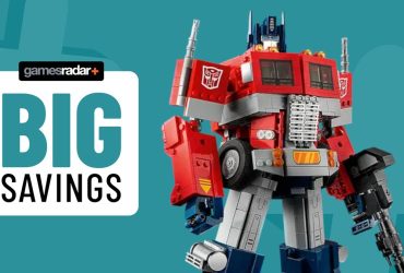 Lego Optimus Prime beside a 'big savings' badge, all against an aqua background