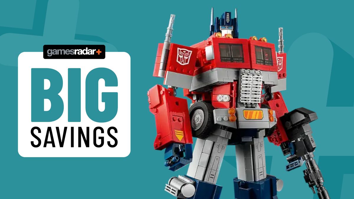 Lego Optimus Prime beside a 'big savings' badge, all against an aqua background