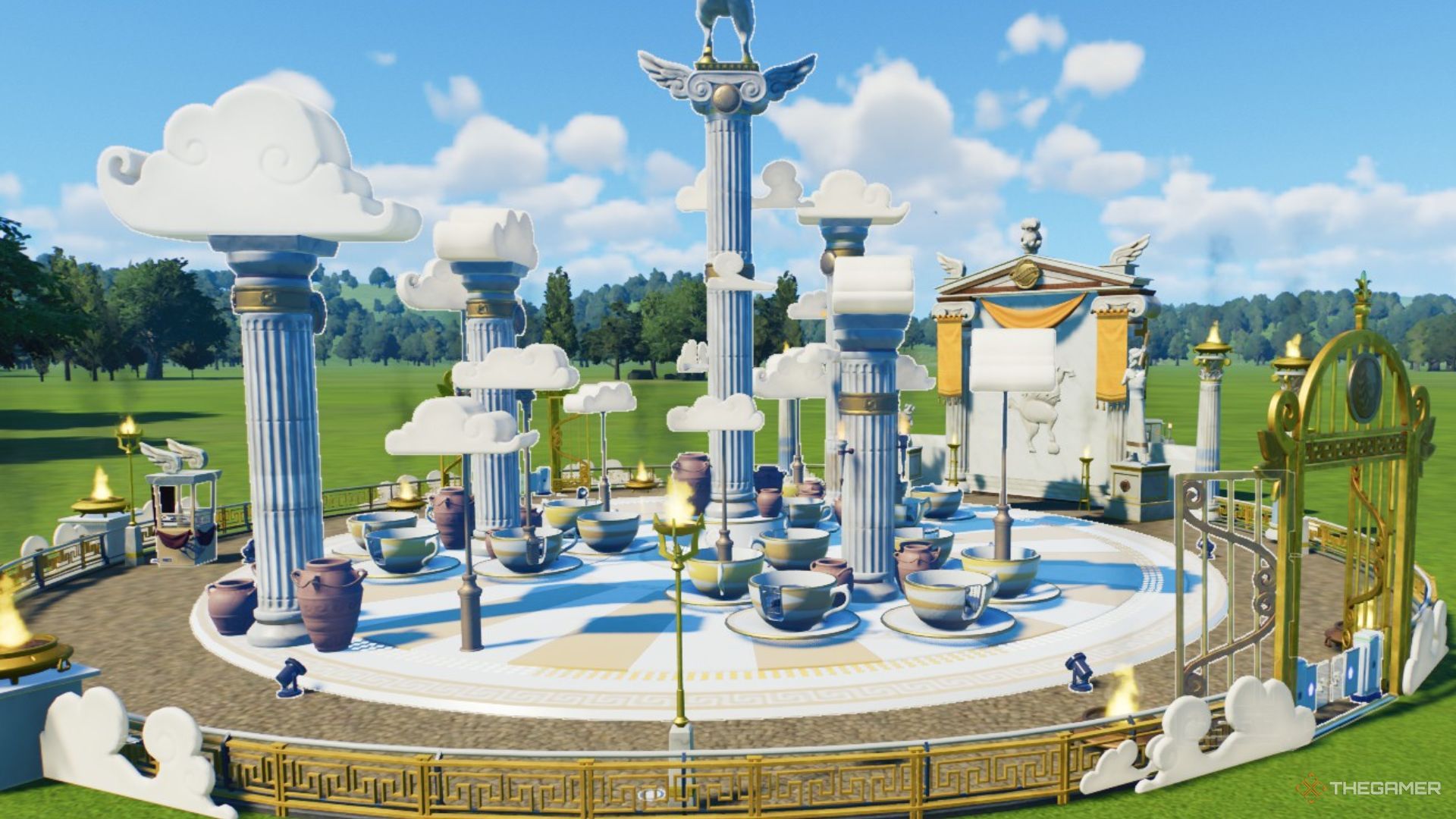 The Mythology Teacups are shown in Planet Coaster 2.