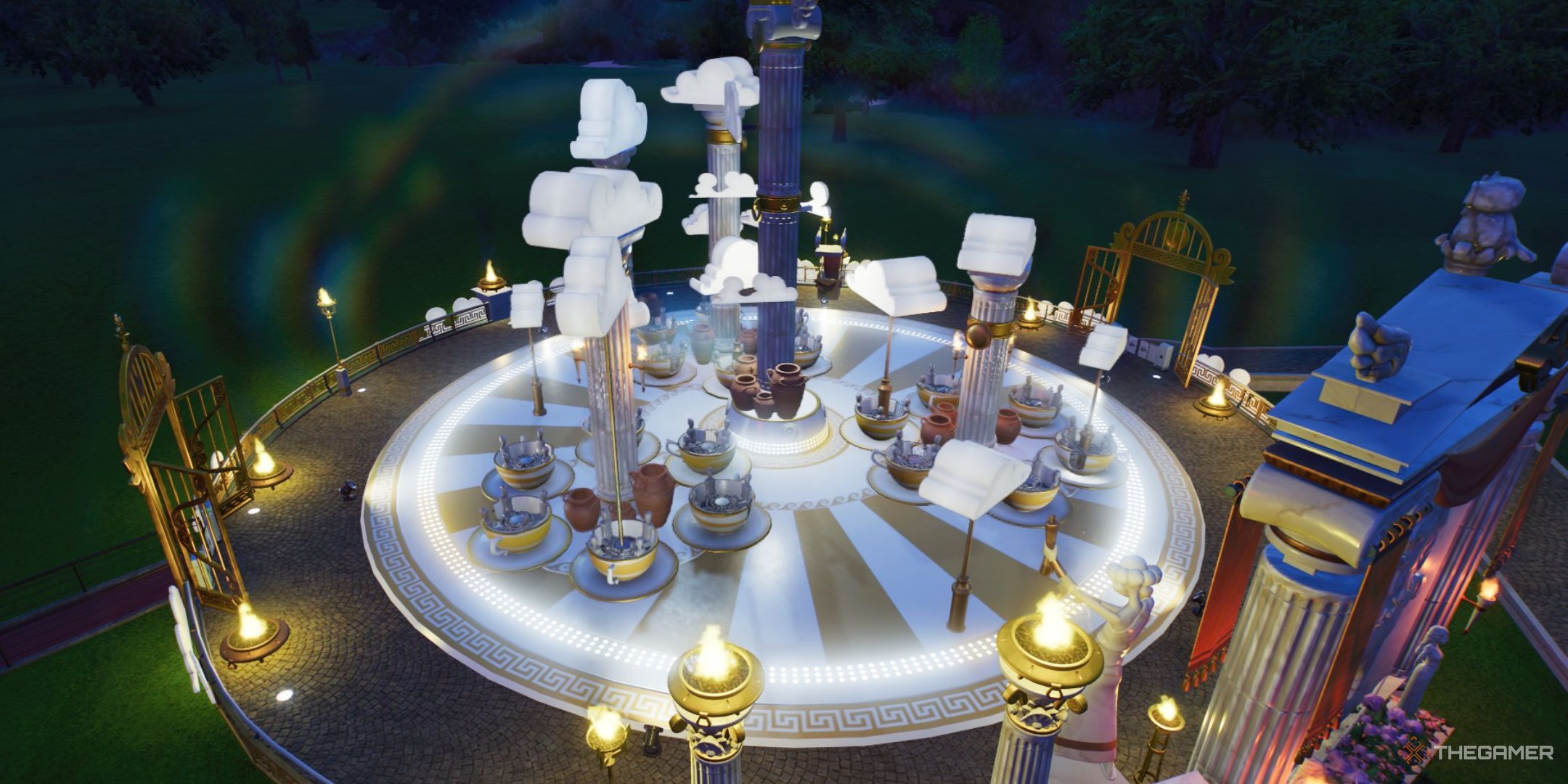 The Mythology teacup flat ride is shown in Planet Coaster 2.