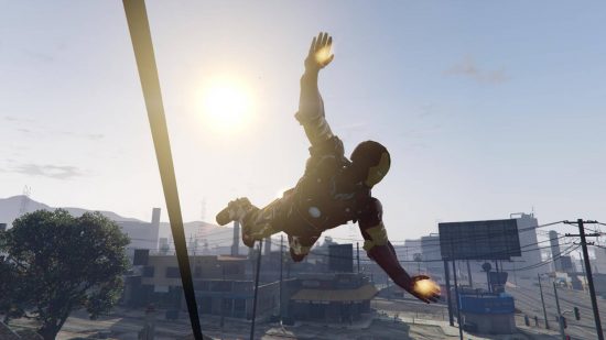 Best GTA 5 mods - Iron Man is flying through Los Santos.