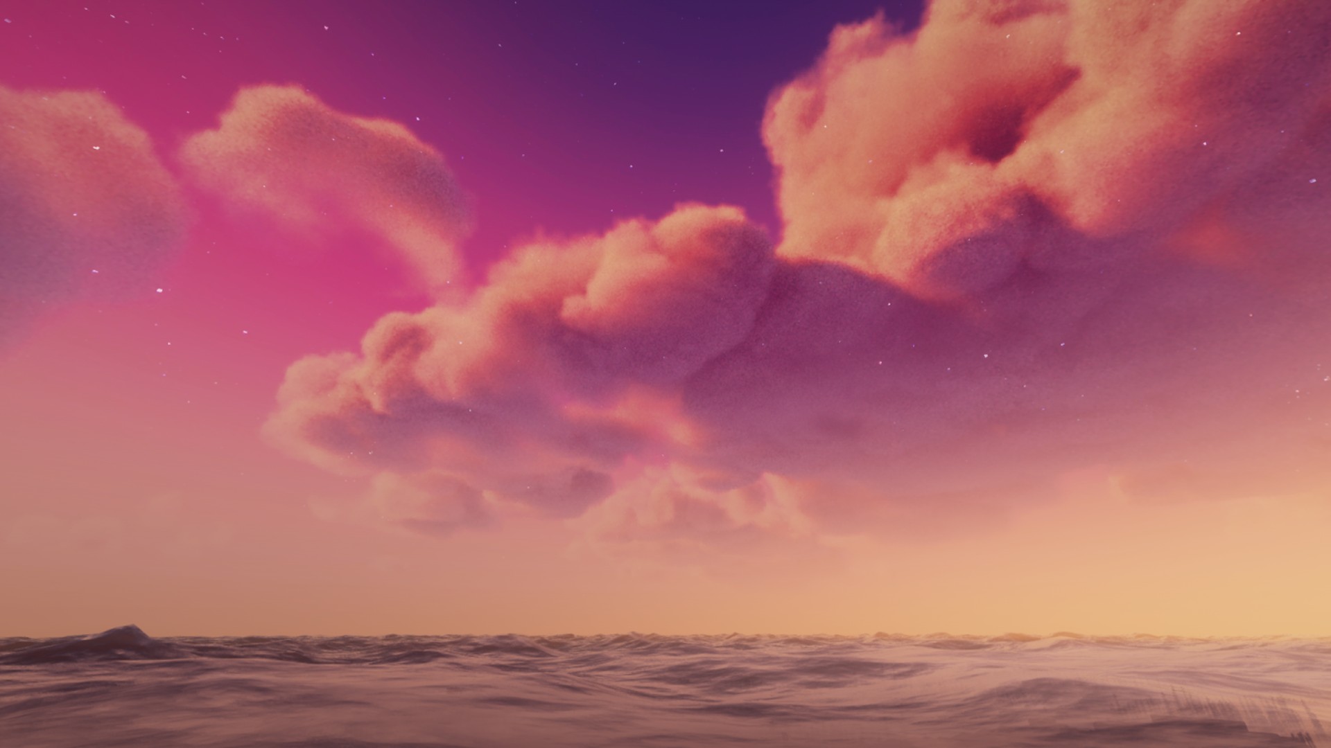 A pink and purple sky over a Minecraft ocean created by adding the Dramatic Skys Minecraft texture pack.