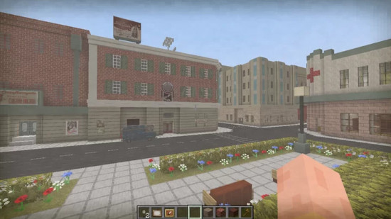 A Minecraft world with muted tones and fifties-style signs, built with FiftiesCraft, one of the best Minecraft texture packs.