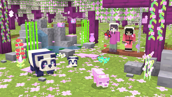 A pink pastel Minecraft world with the bedrock edition Minecraft texture pack Sweetheart.