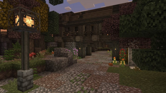 A gloomy, gothic, medieval village brought to life by Excalibur, one of the best Minecraft texture packs for Bedrock edition.