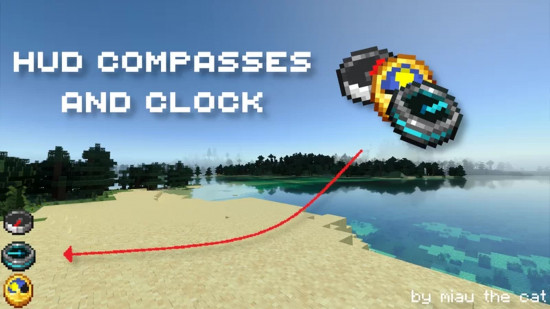 A compass, recovery compass, and clock appear on the side of a Minecraft window thanks to HUD compasses and clock, one of the best Minecraft texture packs for bedrock edition.