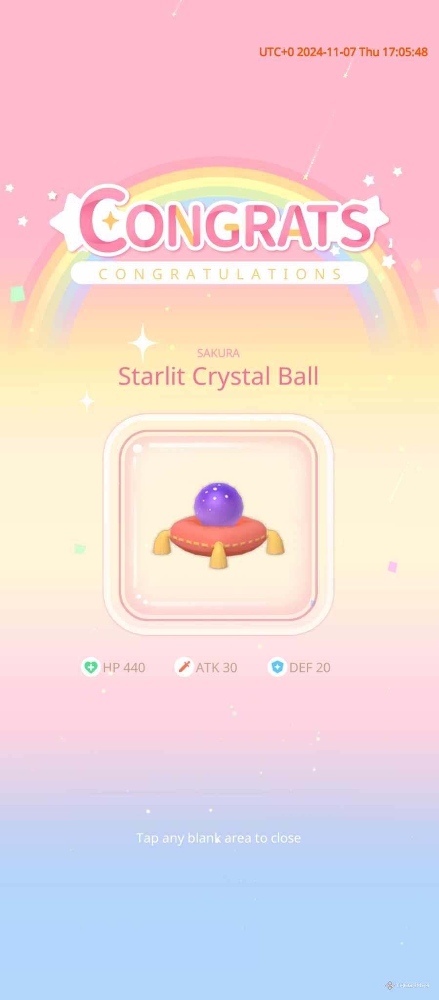 The Starlit Crystal Ball exclusive item is shown in cardcaptor sakura: memory key.