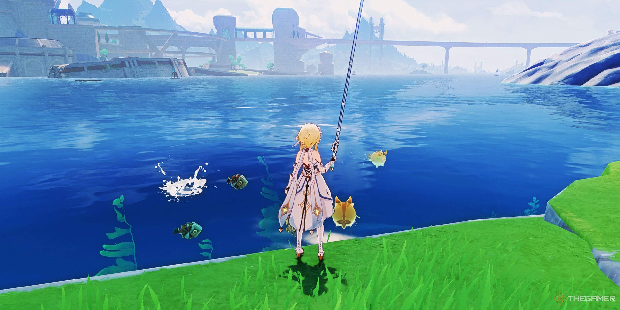 Lumine fishing in Fontaine in Genshin Impact. 