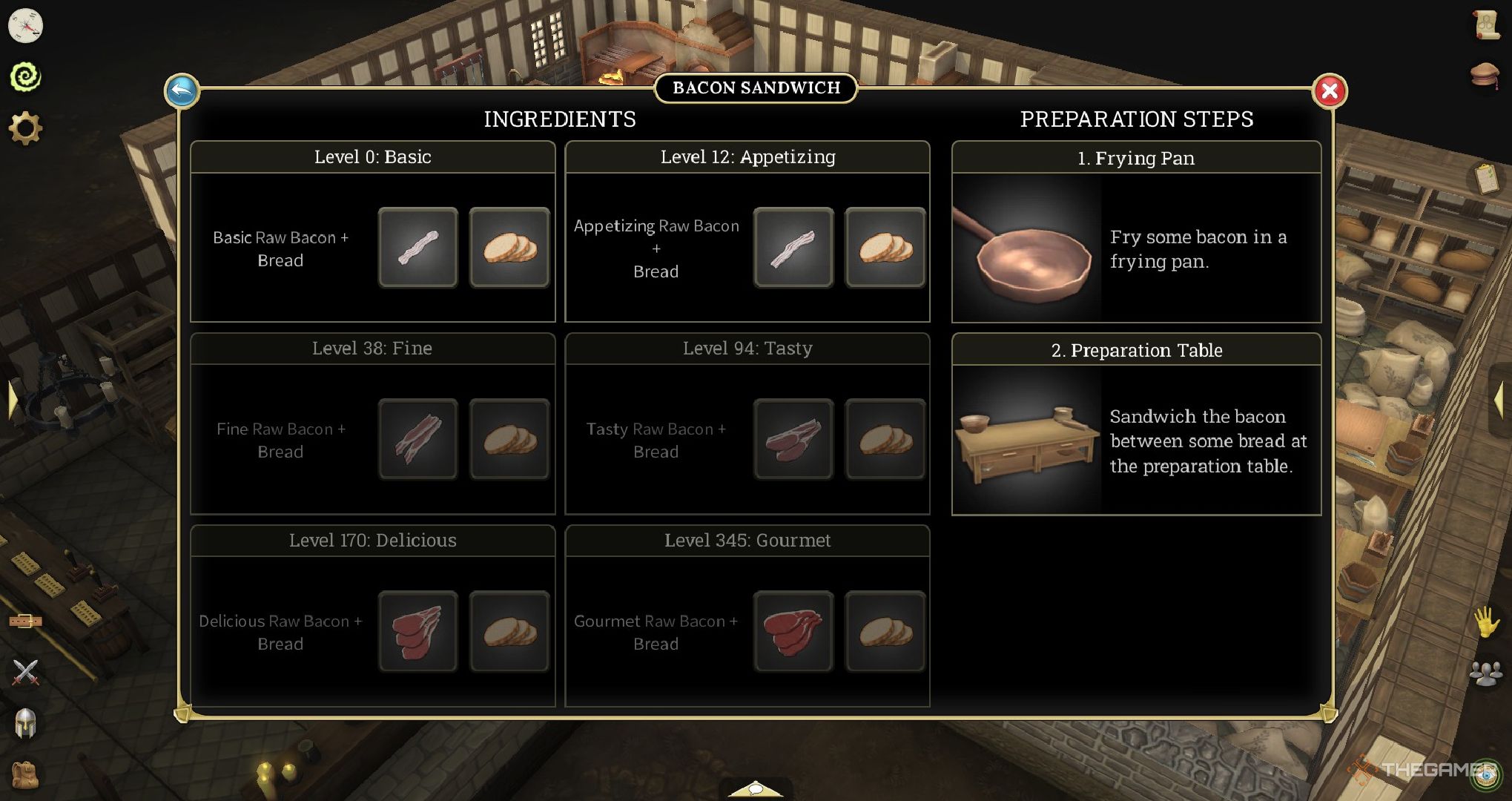 A player looking at the bacon sandwich recipe page.