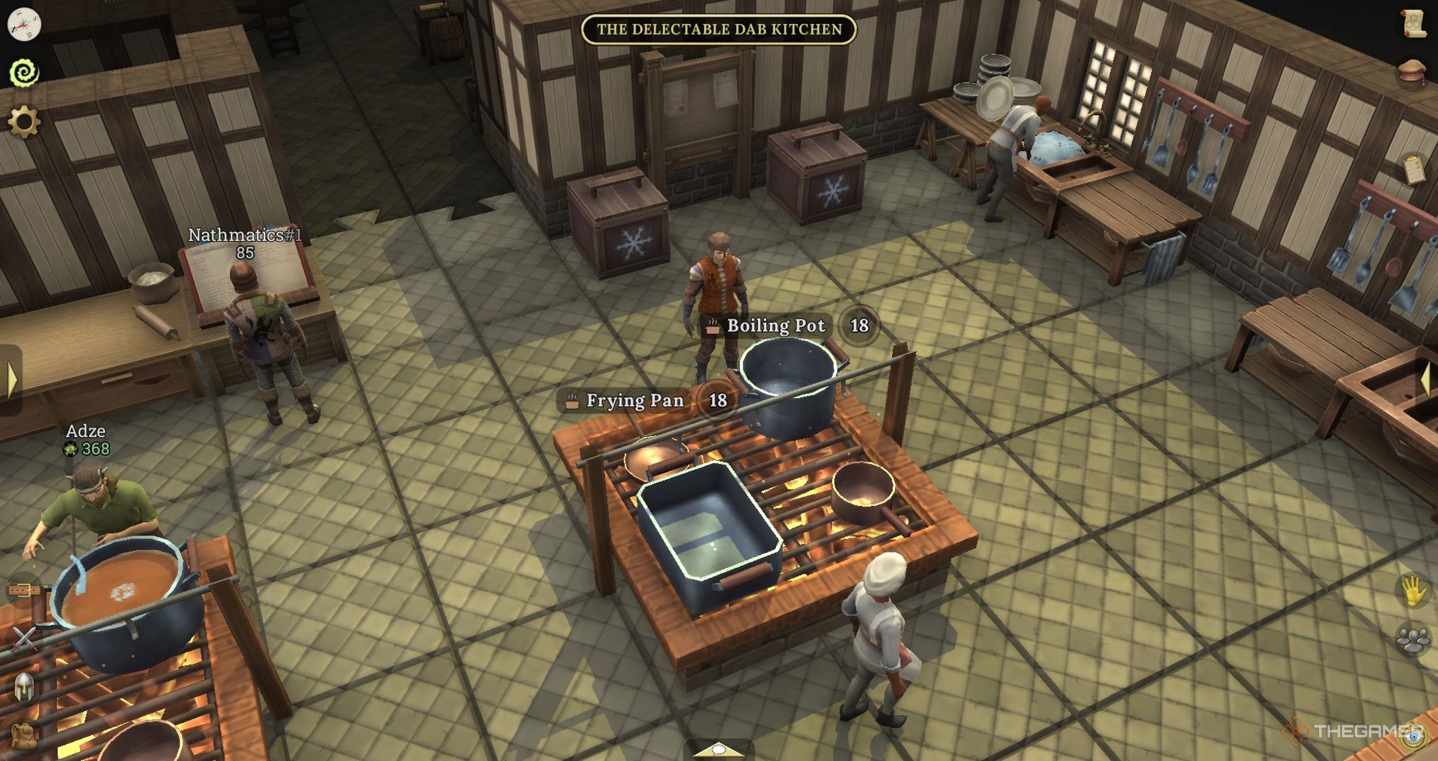 A player standing near cooking equipment in a kitchen.