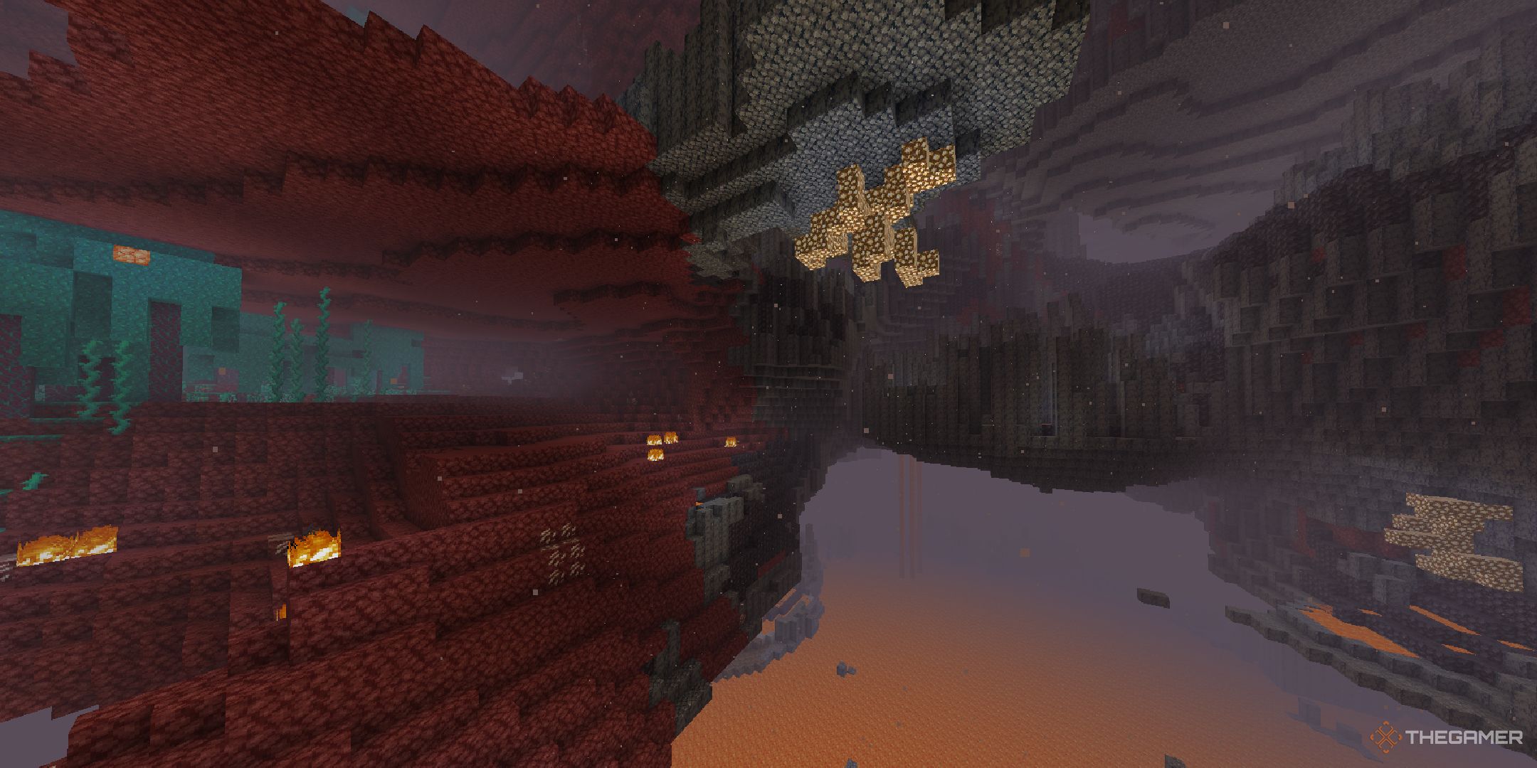 A Minecraft player looking at the border between 2 Nether biomes.