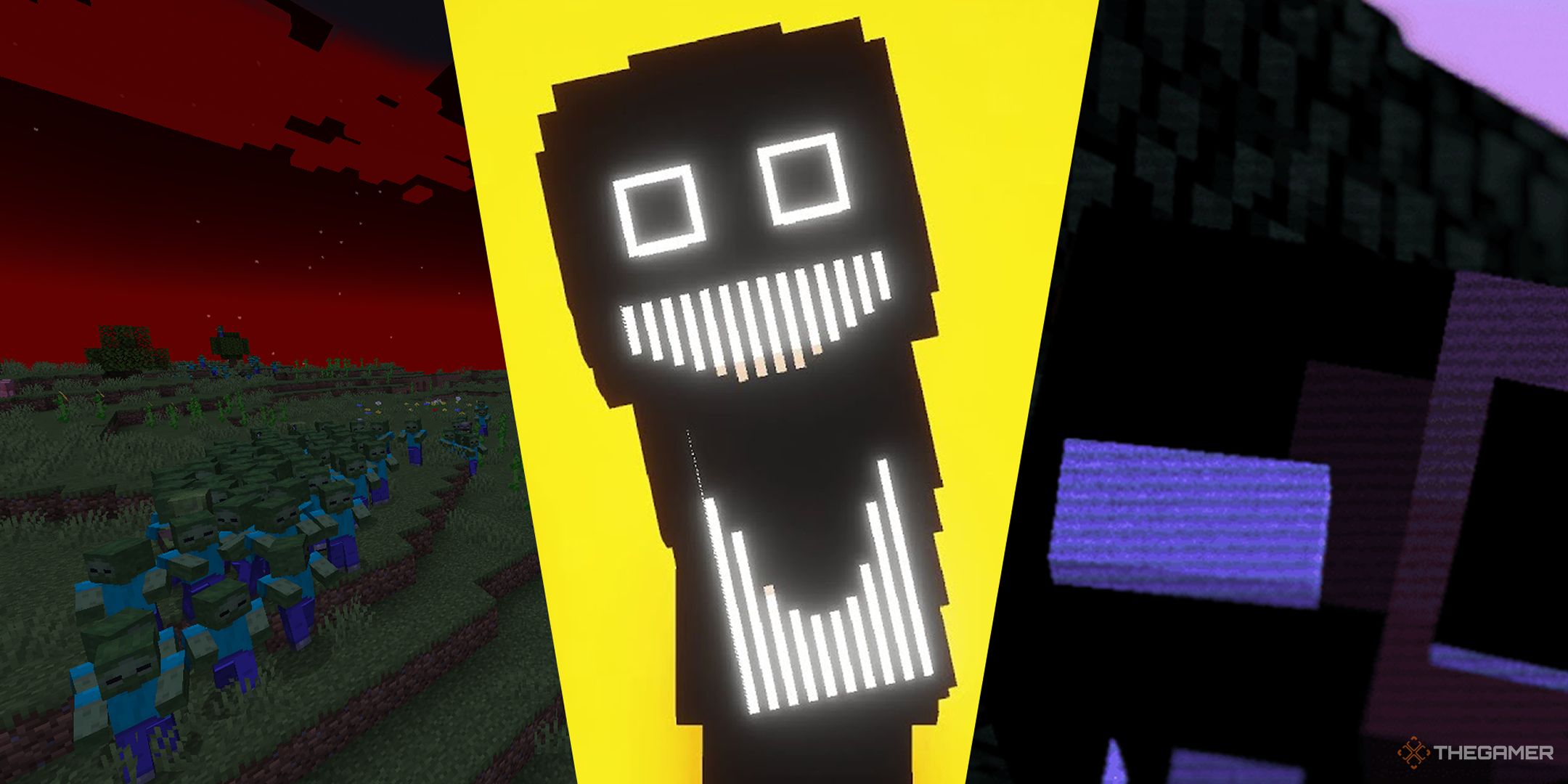 A Split Image Depicting Minecraft Mods The Hordes, Apollyon, And Red's Anomaly