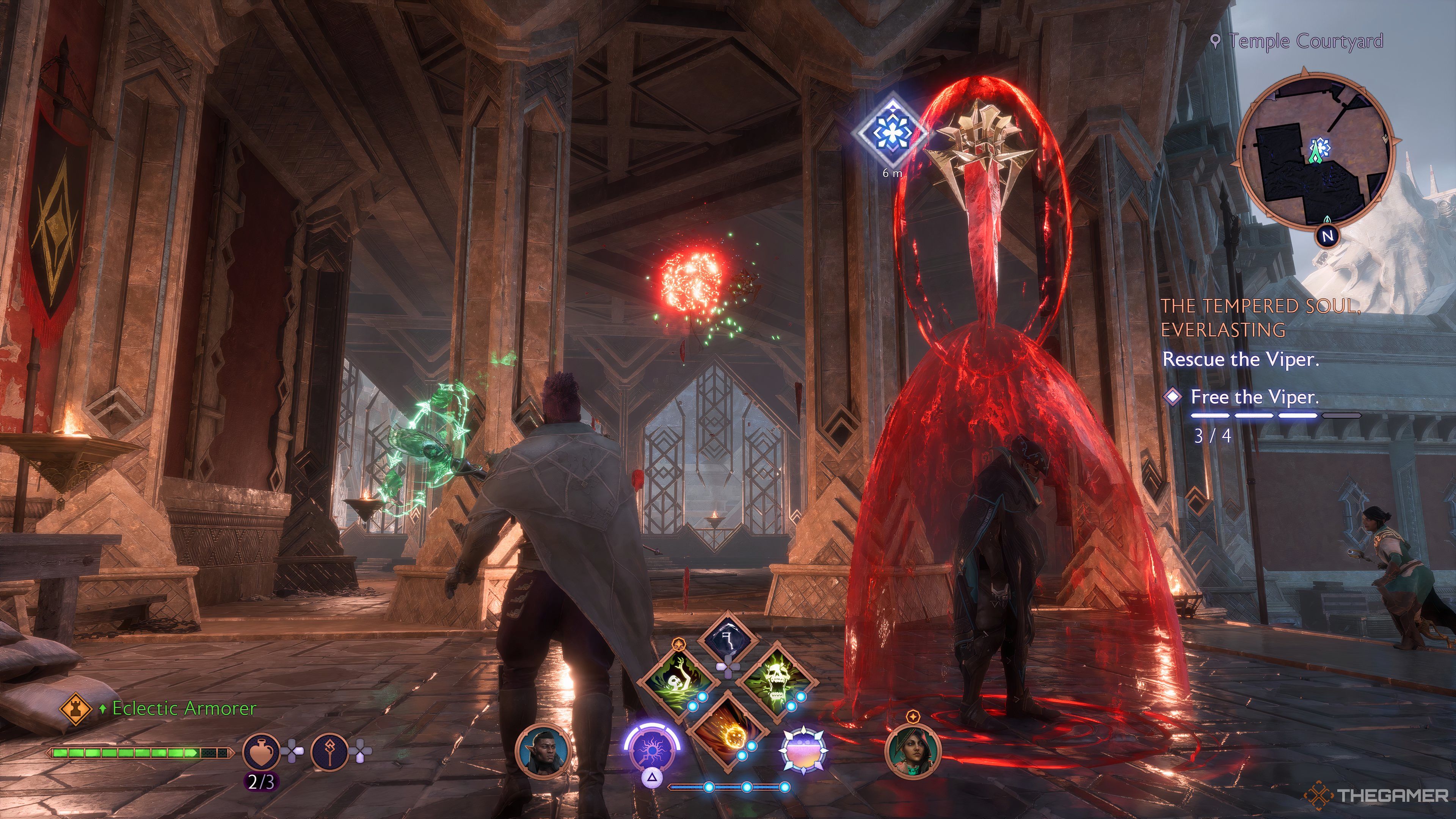 Player Rook using magic to break blood-magic crystals in Dragon Age: The Veilguard.