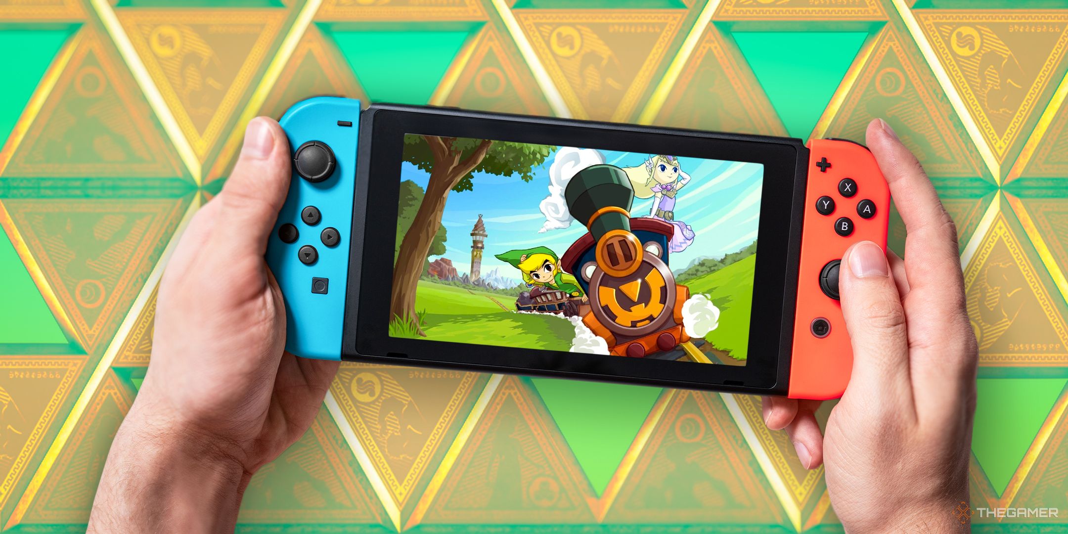 Two hands hold a Nintendo Switch that displays the key art for The Legend of Zelda: Spirit Tracks.