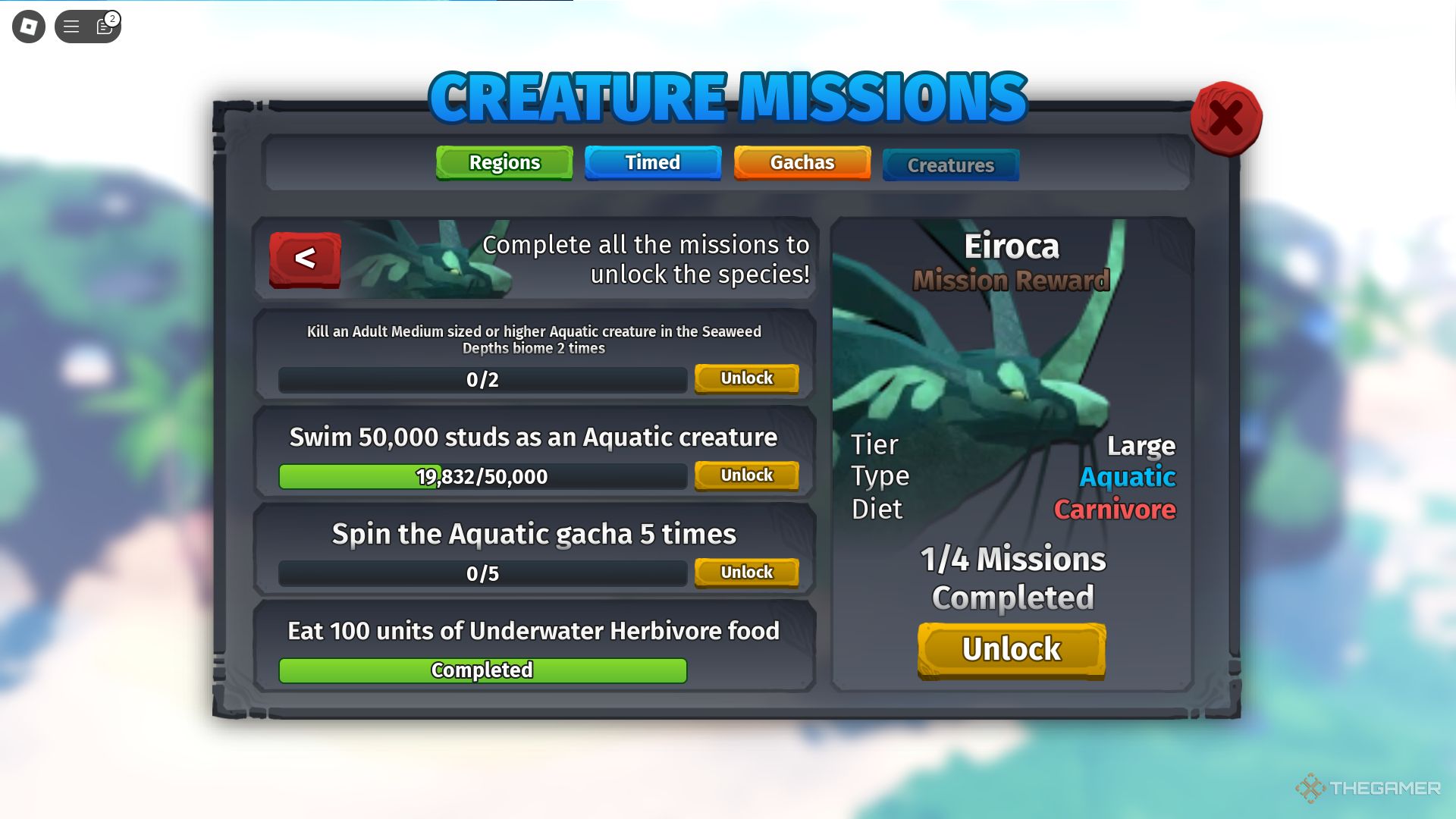 The Mission Reward page for Eiroca in Creatures of Sonaria in Roblox.