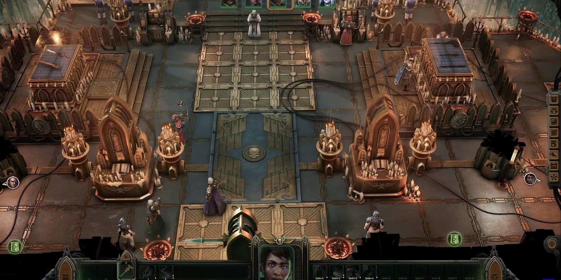 The Voidship Shrine of Warhammer 40,000: Rogue Trader's Void Shadow's DLC with candles and priests around the party.