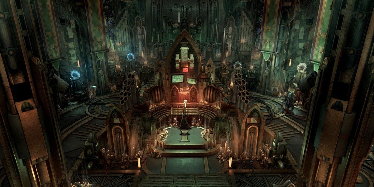 The Astropathic Chapel of Warhammer 40,000: Rogue Trader's Void Shadow's DLC with a crewmember sitting in front of the Astropathic Organ.