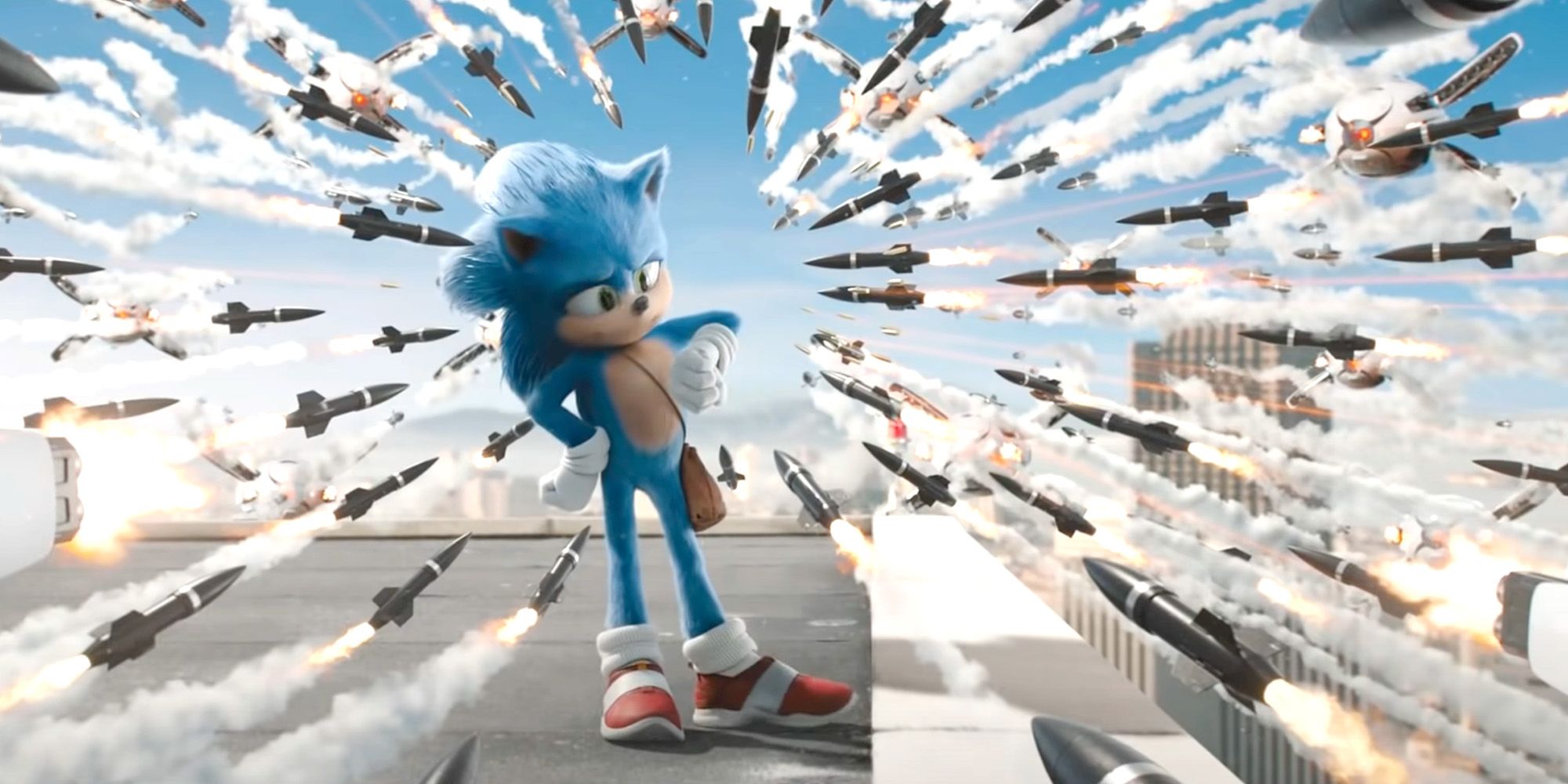 Sonic checking his watch while missiles fly toward him from the Sonic movie.