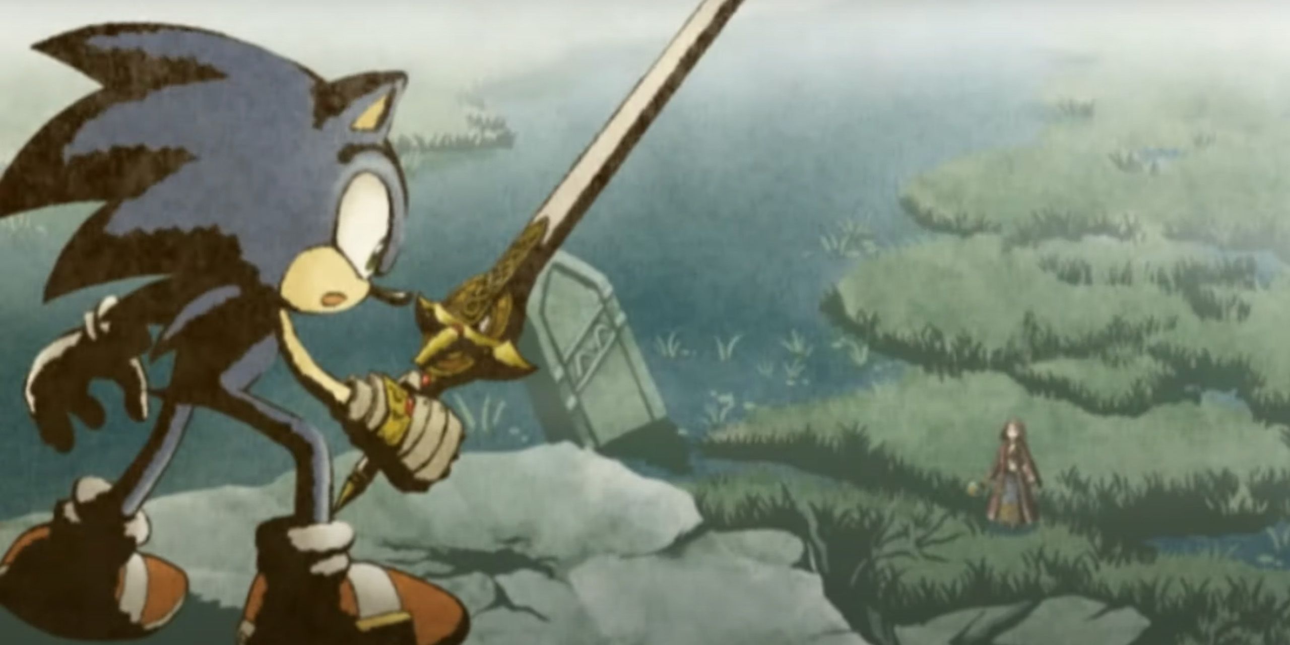 Sonic holding Caliburn while standing on a clifftop from Sonic and the Black Knight.