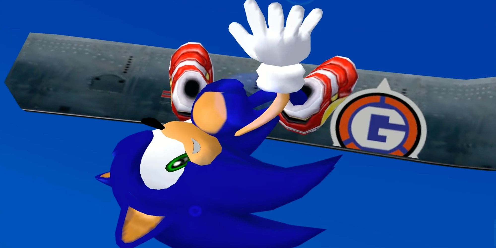 Sonic escaping a G.U.N. helicopter from Sonic Adventure 2.