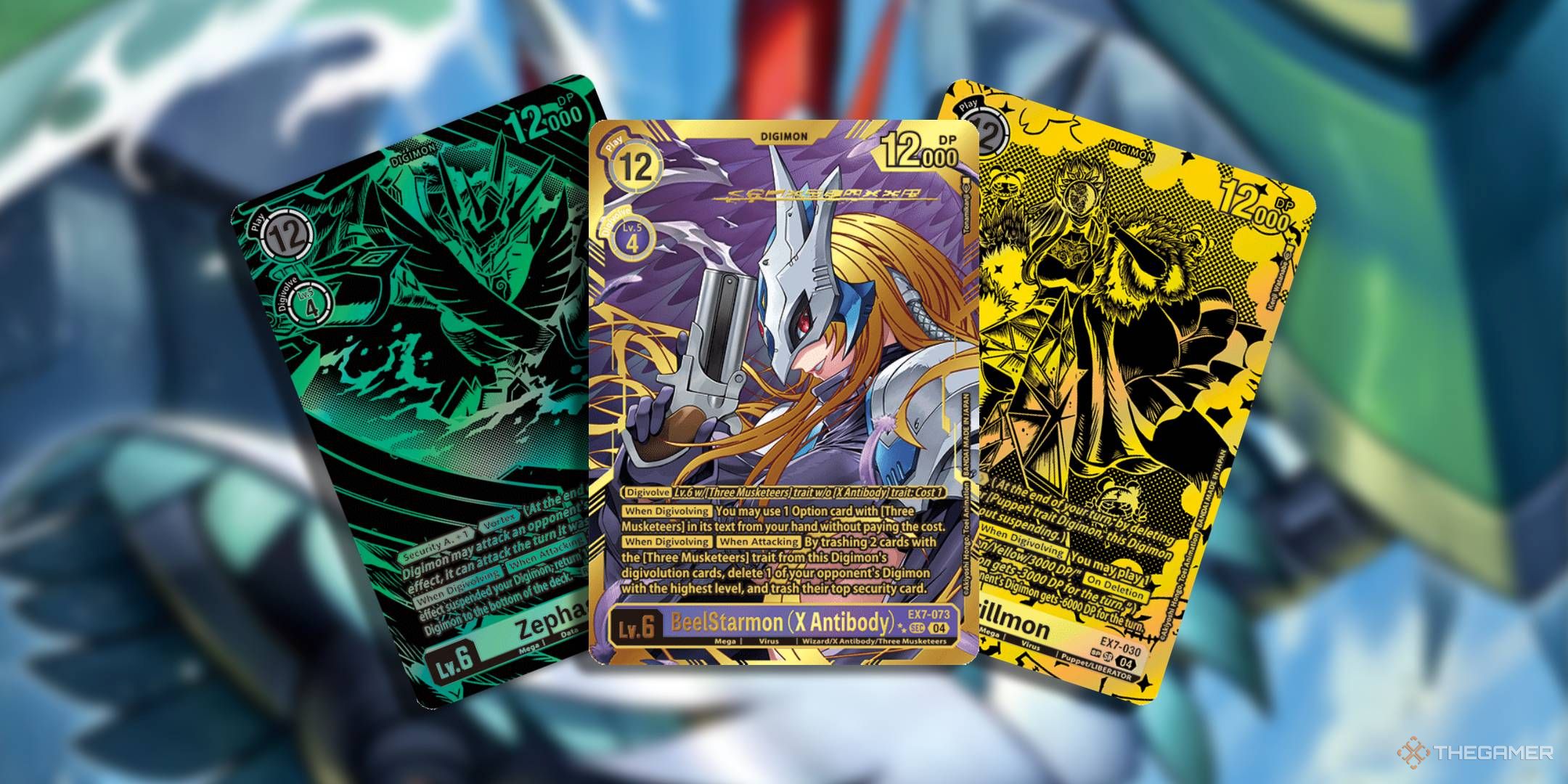 Chase cards for BeelStarmon (X Antibody), Zephagamon, and Cendrillmon from EX7 Digimon Liberator fanned out with a blurred background.