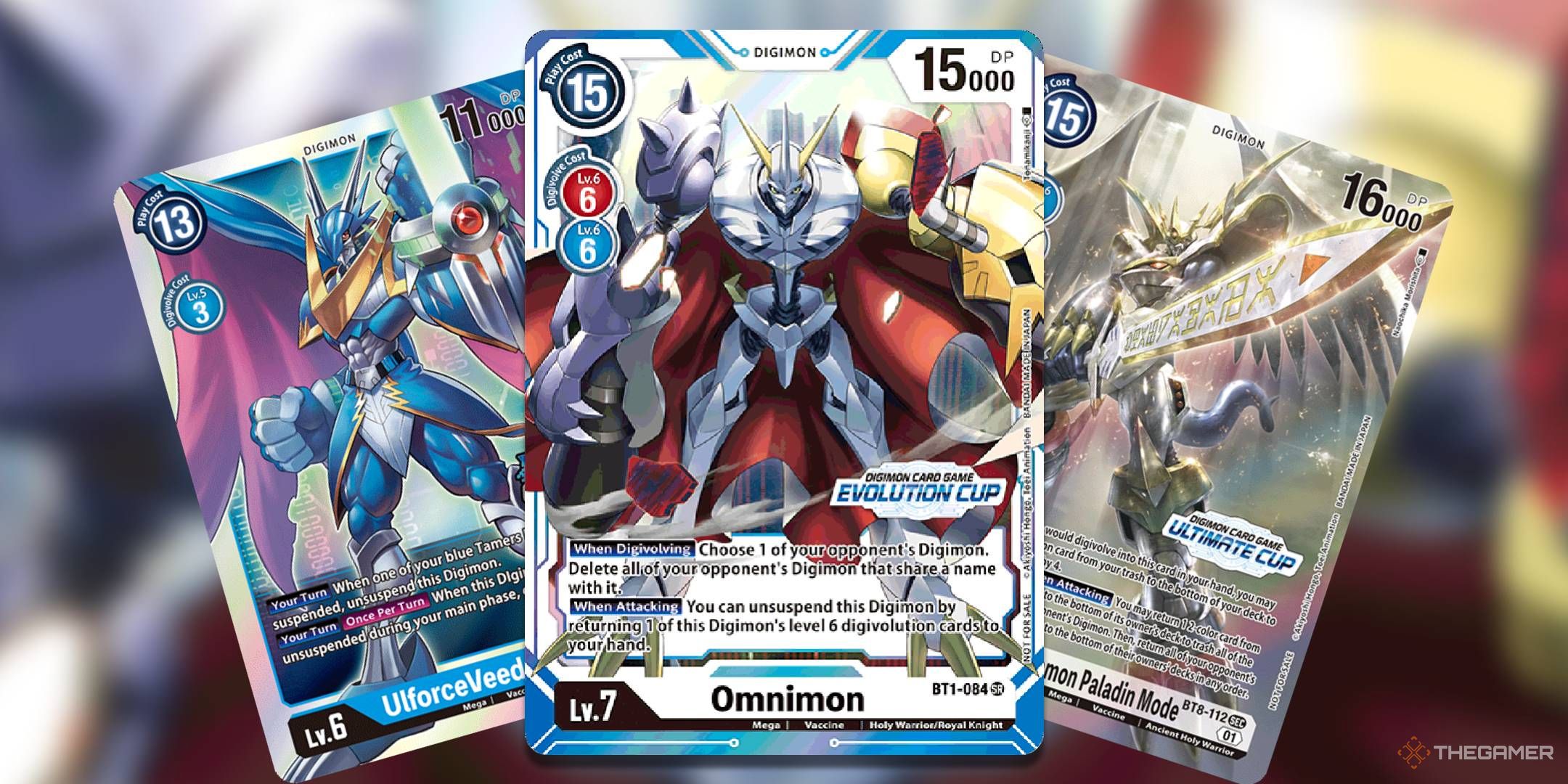 Omnimon, UlforceVeedramon, and Imperialdramon Paladin Mode cards fanned out with a blurred background.