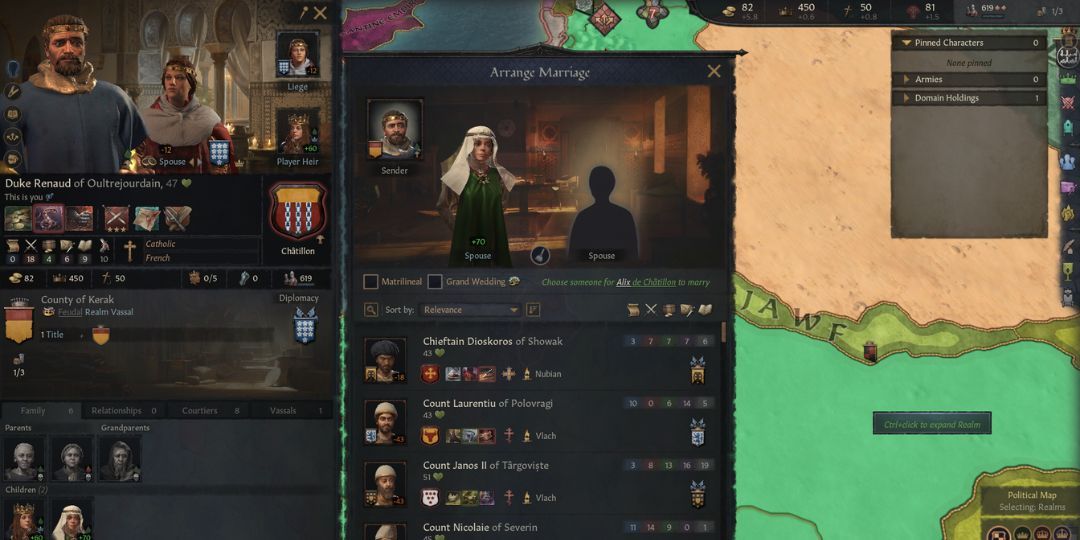 A count begins to matchmake a marriage for his daughter in Crusader Kings 3.