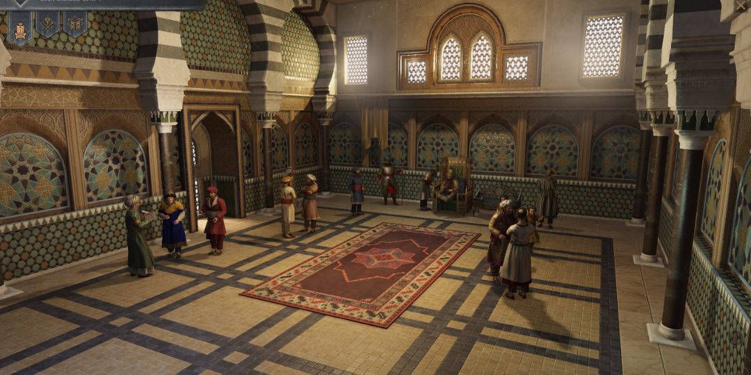 A royal court from Crusader Kings 3. A number of courtiers stand around.