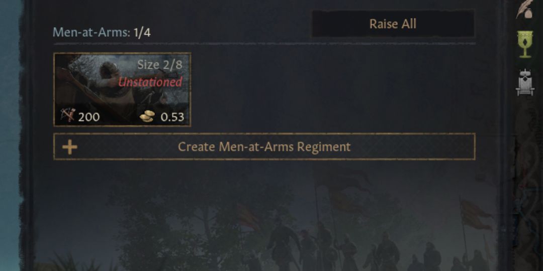 The Man at Arms control panel from Crusader Kings 3.