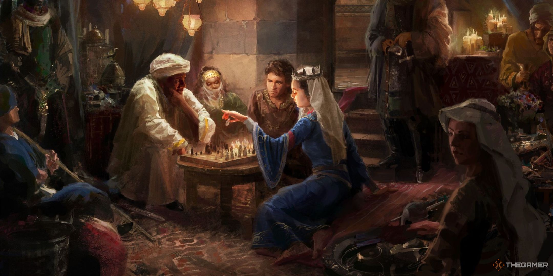 Christian and Muslim characters play chess in the loading screen of Crusader Kings 3.