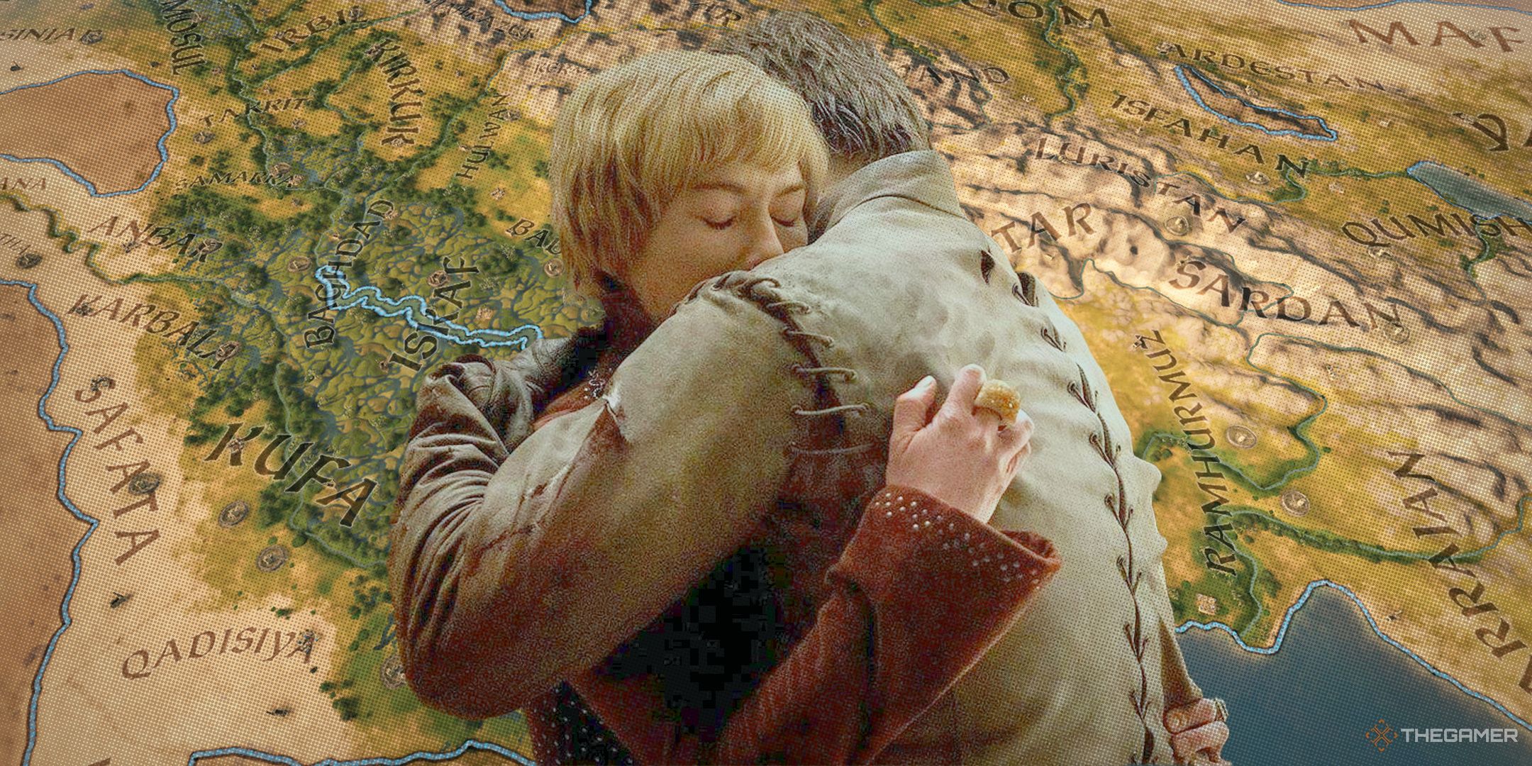 Jamie and Cersei from Game of Thrones hugging over a map of Crusader Kings 3