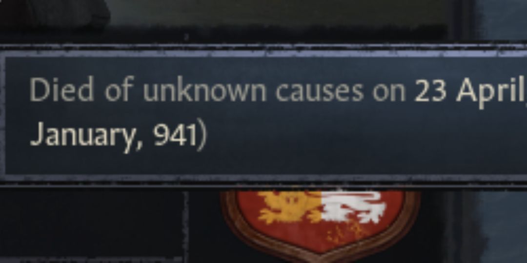 An obituary from Crusader Kings 3. It reads 'died of unknown causes'.