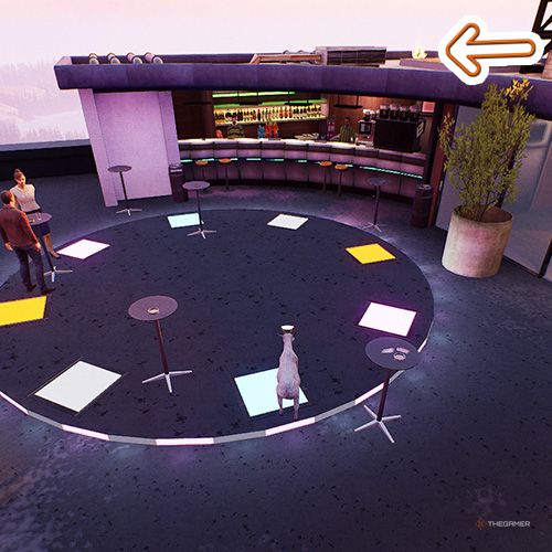 An orange arrow points the trophy that is above a bar, which is located on a hotel's roof in Goat Simulator Remastered