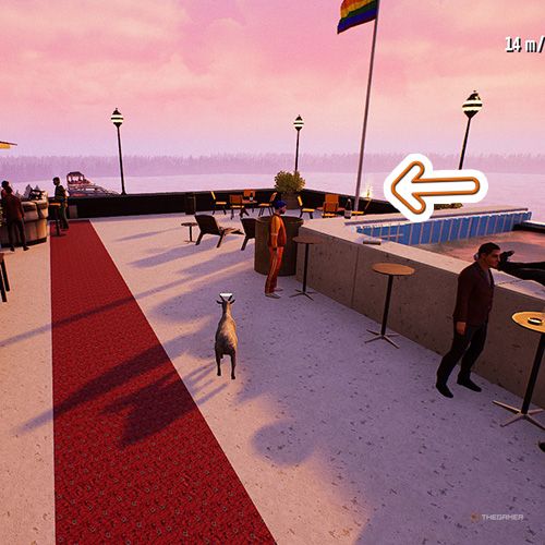 An orange arrow points the trophy that is next to a flag and near a pool in Goat Simulator Remastered