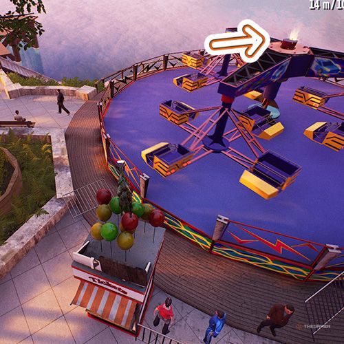 An orange arrow points the trophy that is on top of a spinning chair ride in Goat Simulator Remastered