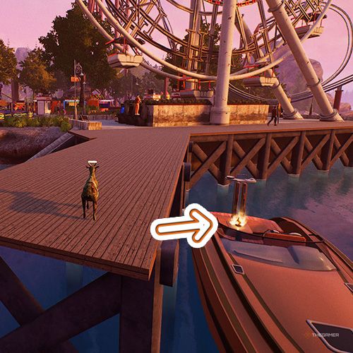 An orange arrow points the trophy that is on a boat next to a spinning wheel in Goat Simulator Remastered