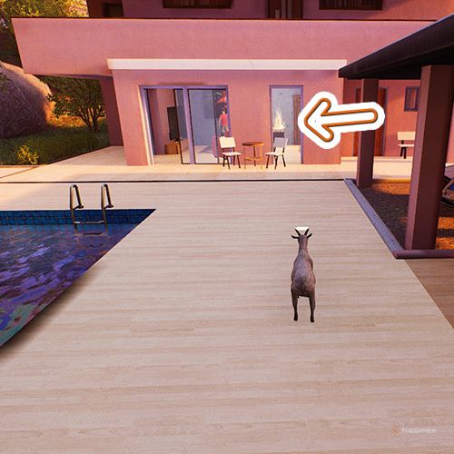 An orange arrow points the trophy that inside a house with a red shirted woman in it in Goat Simulator Remastered