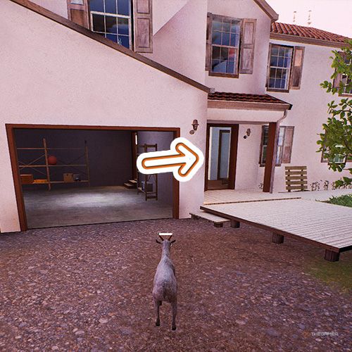 An orange arrow points the entrance of a a white colored house with an open garage door in Goat Simulator Remastered