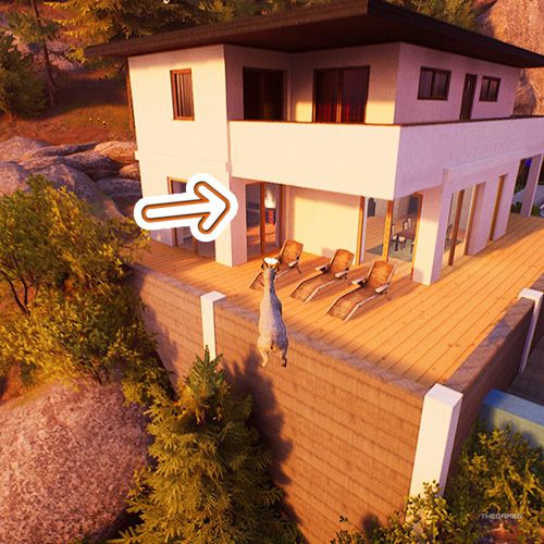 An orange arrow points the trophy that inside a house with a three lounge chairs in front of it in Goat Simulator Remastered